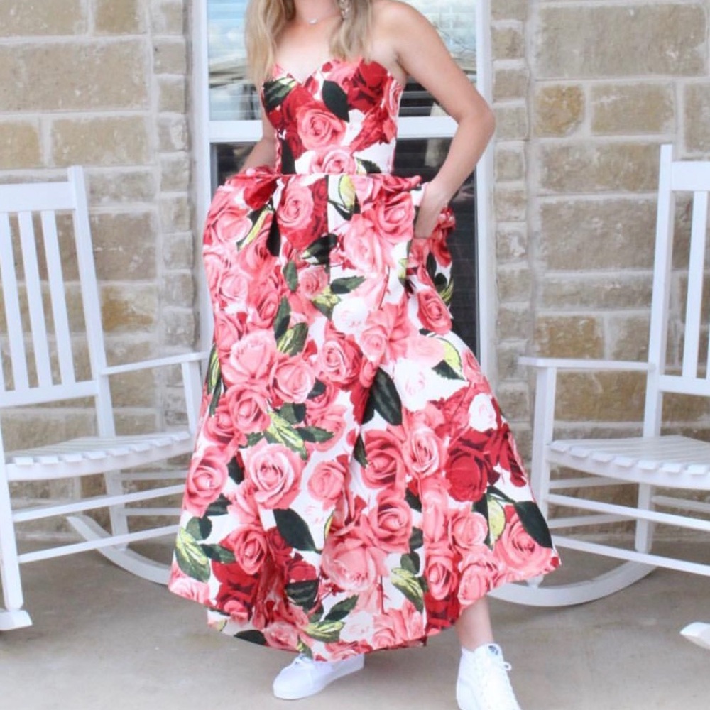 Strapless lace up back dress.